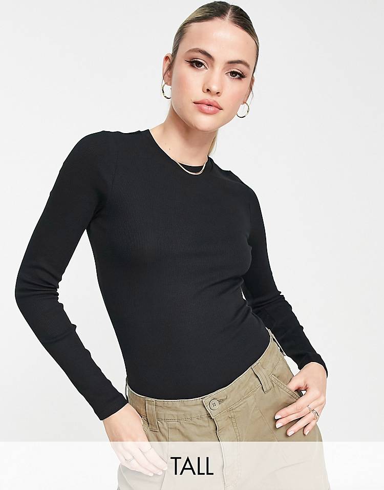 New Look Tall ribbed crew neck bodysuit in black